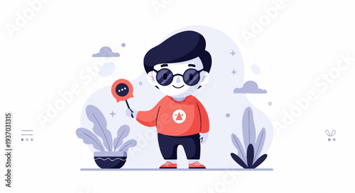 Cheerful animated character with round glasses holds a speech bubble lollipop, surrounded by stylized plants and clouds