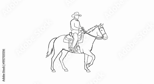 Line art drawing of a cowboy riding a horse at a walk