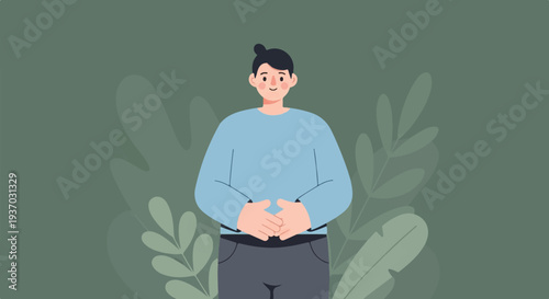 Minimalist illustration of a person in a blue sweater, hands clasped