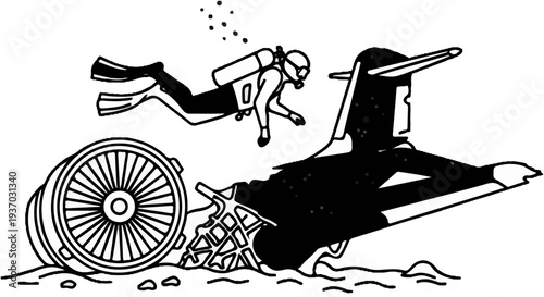 Diver explores submerged plane wreckage with engine debris on ocean floor