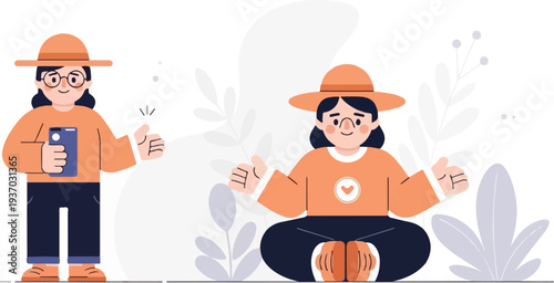 Two animated figures in orange hats and shirts, one standing with a phone and thumbs up, the other meditating