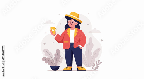 A person in a yellow hat, red jacket, and blue pants holds a yellow cup with a plant background