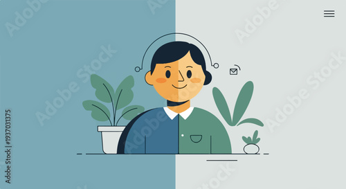 Cartoon portrait of a person with plants and communication icons, divided background