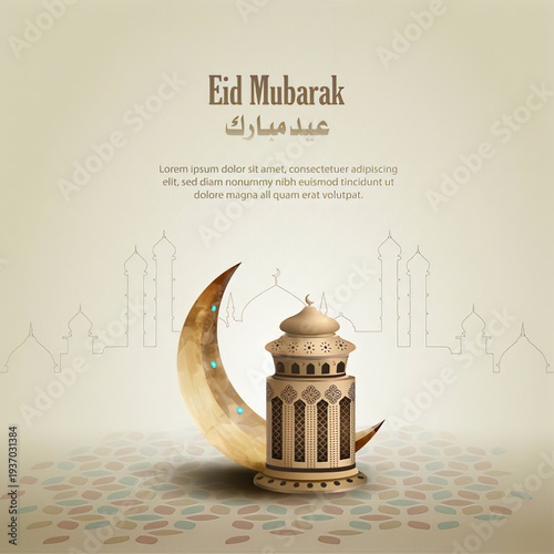 islamic greeting eid mubarak card design background with beautiful lanterns and crescent moon