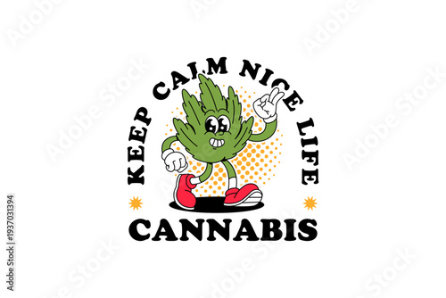 Retro groovy with cannabis leaf mascot. Funny retro cartoon marijuana leaf character with walking and ok hand pose for apparel and merchandise. Vector Illustration