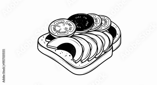 Hand-drawn illustration of sliced avocado and tomato on toast