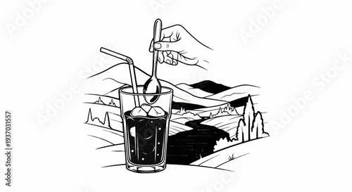 Hand stirring iced drink with straw against a scenic landscape backdrop
