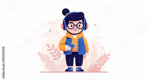 Young person with headphones and book, styled in a modern, flat illustration with pastel plants
