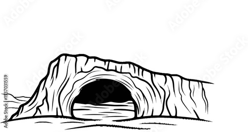 A black and white drawing of a cave opening with water inside