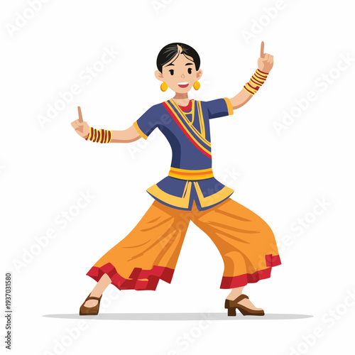 Woman in colorful traditional clothing dancing with hands raised