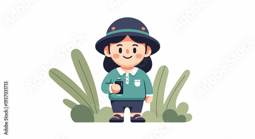 A cute cartoon person wearing a hat and holding a bottle stands amidst greenery