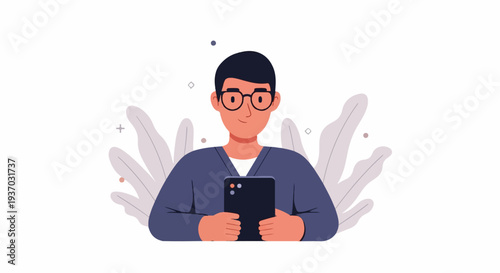 A person in glasses holds a phone, surrounded by stylized plants and abstract shapes