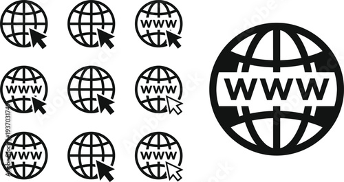 World wide web globe icon set with cursor pointer and WWW text symbol, internet network vector collection for website navigation, online communication and digital technology concepts