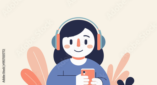 Cheerful person with headphones and phone, surrounded by abstract plants