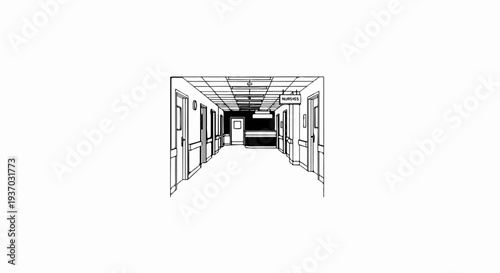 Illustration of a hospital hallway with doors and nurse's station