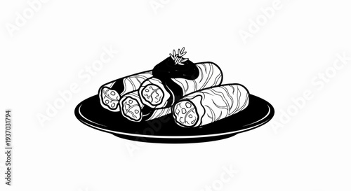 Black and white sketch of rolled food items with sauce on a plate