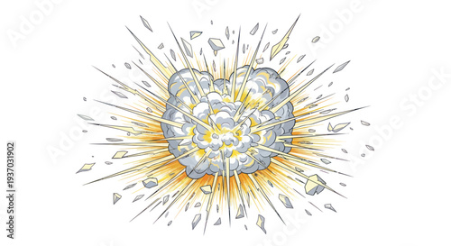 Explosion Burst Effect with Debris and Radial Rays on White Background