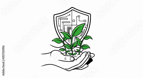 Hand holds soil with plants; shield with circuits behind