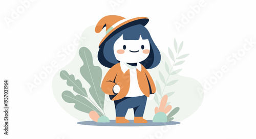 A cheerful, stylized character in a pointed hat and orange jacket stands amongst leaves