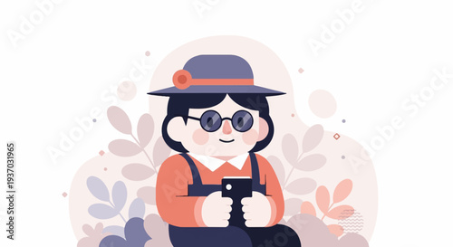 Stylized person in hat and glasses, holding phone, surrounded by abstract foliage and shapes