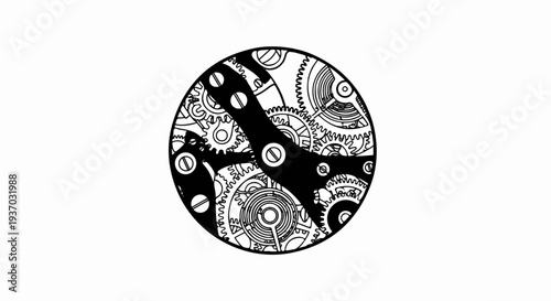 Intricate clockwork mechanism with gears and springs, black and white line art