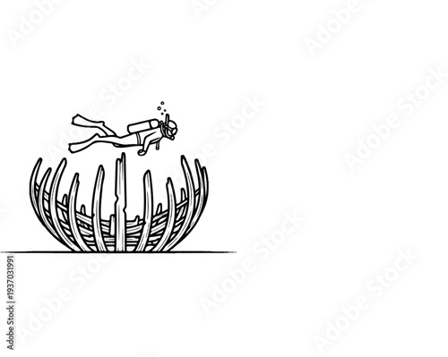 Diver explores a submerged ancient shipwreck, revealing its skeletal remains