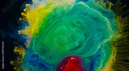Abstract colorful swirl of inks in water with red globule at bottom