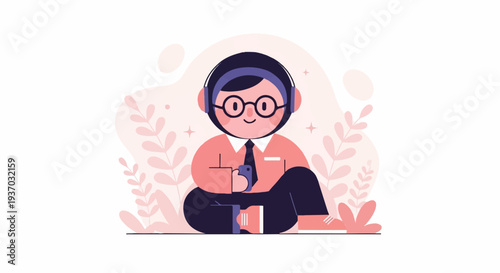 A cheerful figure in headphones and glasses, holding a phone, sits cross-legged among soft pink plants