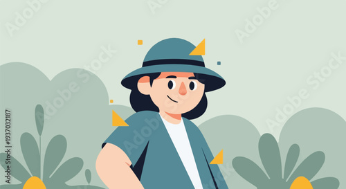 Cheerful person in hat, surrounded by stylized nature and geometric shapes