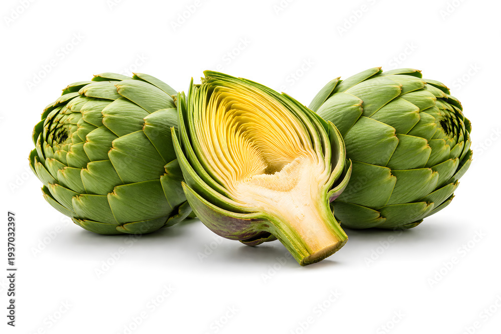 Obraz premium Fresh Green Artichokes Isolated on White Background with One Cut Half Showing Heart, Organic Vegetable Food Photography