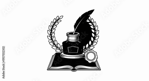 Open book, inkwell, feather, laurel wreath, and wax seal emblem