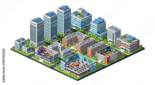 Isometric Eco Cityscape with Solar Panels and Modern Buildings, Sustainable Urban Development