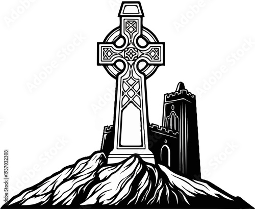 Ornate Celtic cross and church tower atop rocky hills