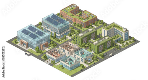 Modern Eco-friendly Office Buildings with Green Roofs and Solar Panels