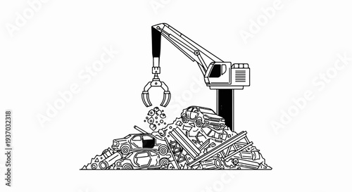 Crane loading scrap metal and car parts onto a junkyard pile