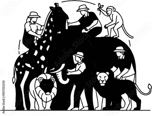 Diverse animals and people interacting on a savanna-like plain