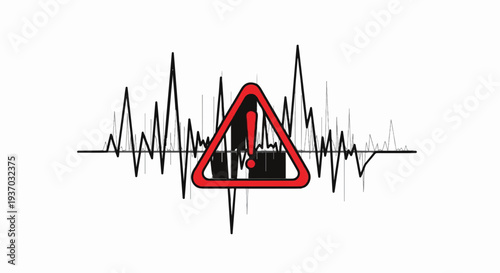 Red warning sign with exclamation mark over a chaotic waveform