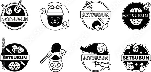 Eight circular emblem designs with cartoonish figures and text