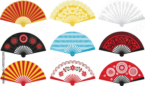 Collection of traditional decorative hand fans with various colorful patterns and Japanese style designs isolated on a white background.