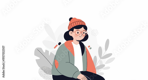 Stylized flat illustration of a young person in a beanie and glasses, surrounded by abstract foliage