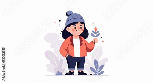A cheerful person in a hat and jacket holds a flower amidst foliage