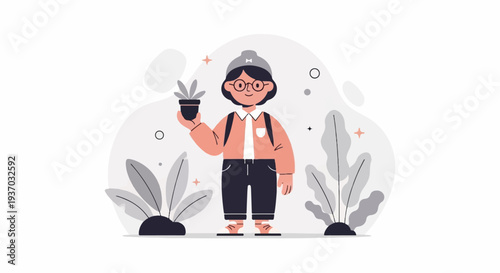 Person with plant, glasses, beanie, backpack, and casual clothes, surrounded by leaves and shapes