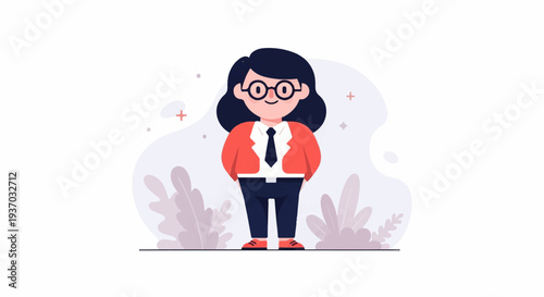 A cute, stylized woman in professional attire, with glasses and dark hair, stands against a soft, abstract background