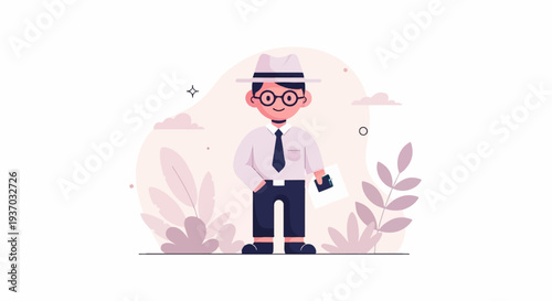 Animated figure in a hat, tie, and glasses stands with a document and pen