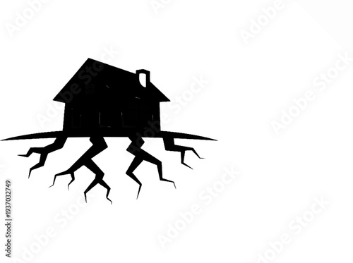 Silhouette of a house with cracked foundations or roots on a white background