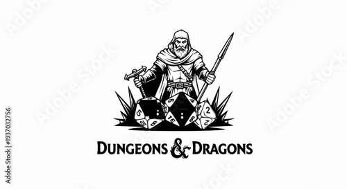 Fantasy warrior with dice, hammer, and spear, plus ampersand