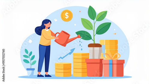 Woman watering money plant with growth chart vector illustration