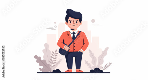 A stylized man in a coral suit, navy pants, and a satchel