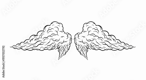 Stylized black and white ink drawing of ethereal, wispy wings