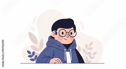 Young person with glasses and blue hoodie, surrounded by abstract botanical shapes